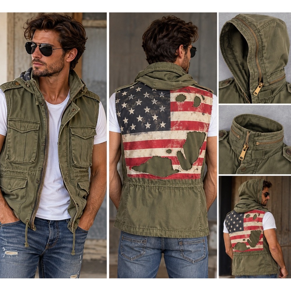 Denim & Supply Ralph Lauren Mens Military Utility Vest Olive Green Flag Small